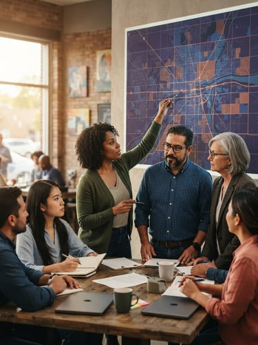A collaborative community workshop in Missouri, diverse local leaders analyzing a digital map projected on a wall, warm natural window light, editorial photography style.