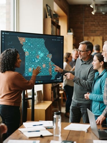 A collaborative community data workshop in Missouri, local leaders gathered around a digital map on a screen, warm natural light from a window, shallow depth of field, turquoise and copper tones.