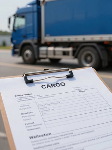 A high-contrast close-up of a professional cargo manifest document secured on a clipboard, with a heavy-duty blue transport truck parked in the soft-focus background under bright daylight.