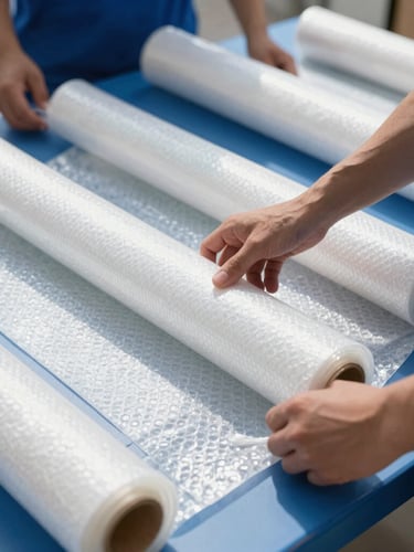 Close-up of professional packers wrapping fragile household items with heavy-duty stretch film and bubble rolls, bright daylight, high contrast blue and white tones.