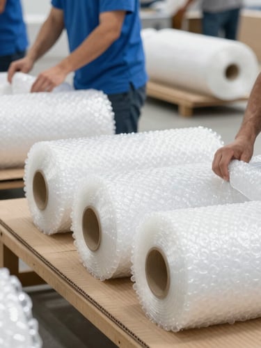 Professional packing team wrapping cargo in heavy-duty bubble rolls and corrugated sheets under bright daylight