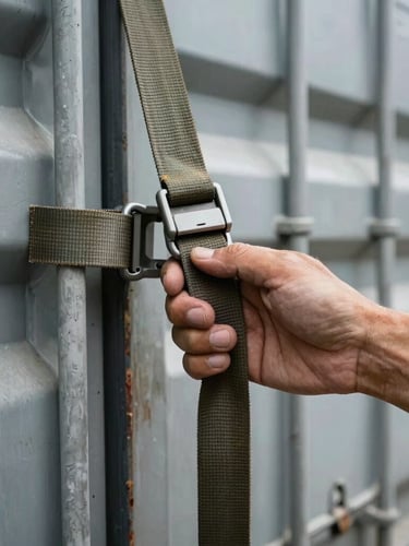 Close-up of a rugged hand securing heavy cargo straps inside a metal shipping container, industrial lighting, focus on the tension buckle.