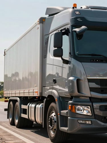 A close-up of a heavy-duty transport truck cabin reflecting bright highway daylight, parked securely at a border checkpoint
