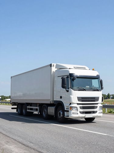 A modern transport truck driving on an open highway under bright daylight, wide-angle environmental shot, sharp industrial details.