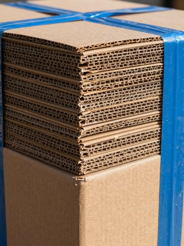 Tight close-up of heavy-duty cardboard boxes wrapped in five-layer corrugated sheets, secured with heavy blue industrial tape, bright daylight.