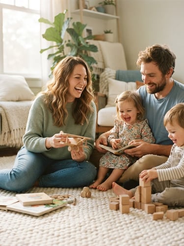 Warm lifestyle photography of Mindy and Aaron sitting on a cream rug with toddlers, soft natural daylight from a side window, dusty sky blue accents, shallow depth of field, 35mm