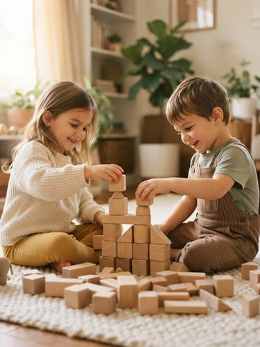 Candid eye-level shot of two young children playing with wooden blocks on a cream rug, soft morning window light, warm natural tones, shallow depth of field, 35mm