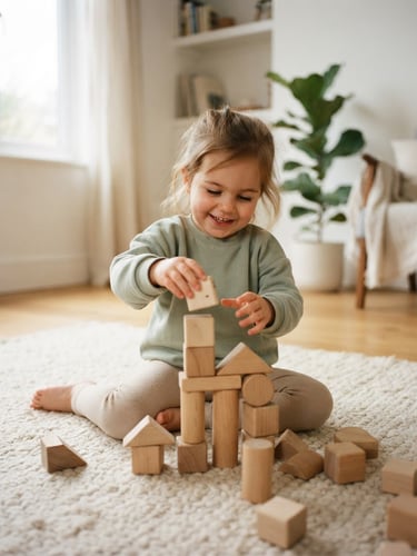 Candid eye-level photo of a young child playing with natural wooden blocks on a clean, sunlit cream rug, soft diffused window light, warm Scandinavian home aesthetic.