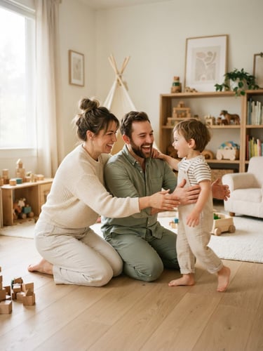 Warm lifestyle photography, soft natural daylight, Mindy and Aaron welcoming a child into a clean, sunlit Scandinavian-style home playroom, eye-level, shallow depth of field, 35mm
