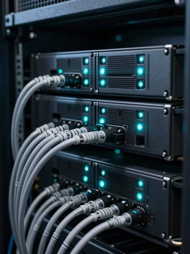 Macro close-up of real server racks with clean, structured cable management, glowing cyan status lights, low-key cool-toned studio lighting, highly technical atmosphere.