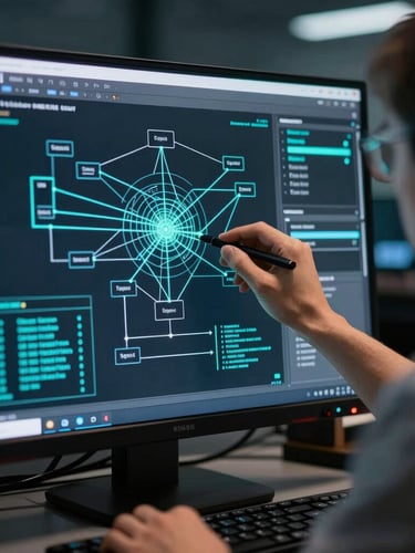 Close-up of a certified systems engineer analyzing complex network topology diagrams on a high-resolution screen in a dark control room, cyan lighting accents.