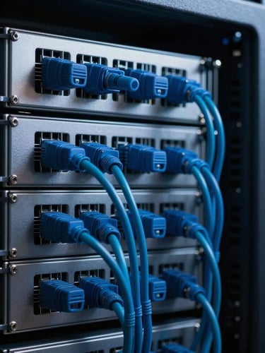 Macro shot of modern server rack with clean blue and cyan cabling, low-key cool-toned studio lighting, high contrast, technical precision.