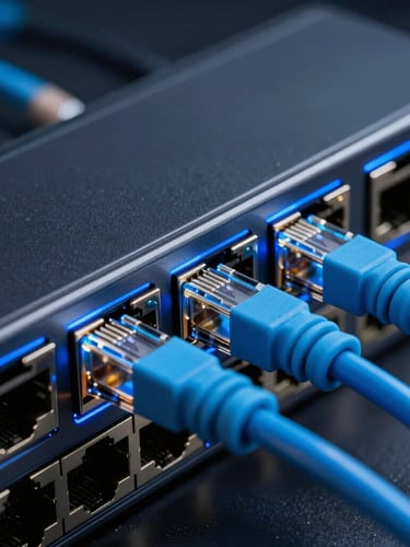 Extreme close-up of a high-performance network switch with glowing cyan ethernet cables plugged in, dark tech aesthetic, cool blue rim lighting