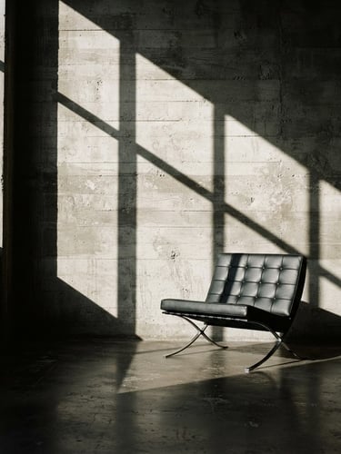 Stark high-contrast architectural interior, deep window shadows casting sharp angles on a raw concrete wall, minimalist black leather chair, 35mm film look.