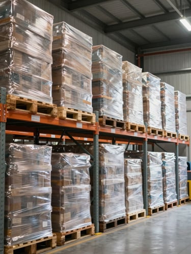 Clean industrial warehouse interior with high-bay metal shelving filled with neatly stacked shrink-wrapped pallets under bright daylight, organized logistics hub.
