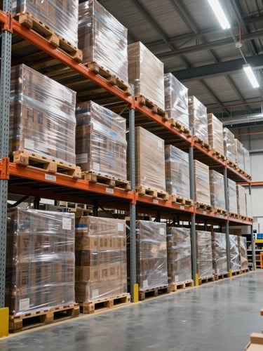Wide-angle view of a modern B2B logistics warehouse with high-bay shelving and neatly stacked pallets under clean, professional lighting