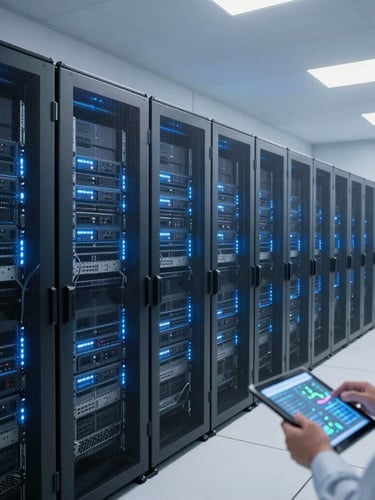 Wide panoramic shot of a modern, clean server room with rows of blinking server racks, cool blue lighting, and an engineer analyzing data on a tablet in the foreground, sharp focus, architectural framing, 35mm lens