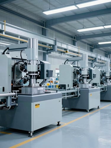 Medium-wide environmental shot of a modern factory floor with automated machinery, clean industrial lighting, cool blue and slate tones, sharp focus, architectural framing, 35mm lens