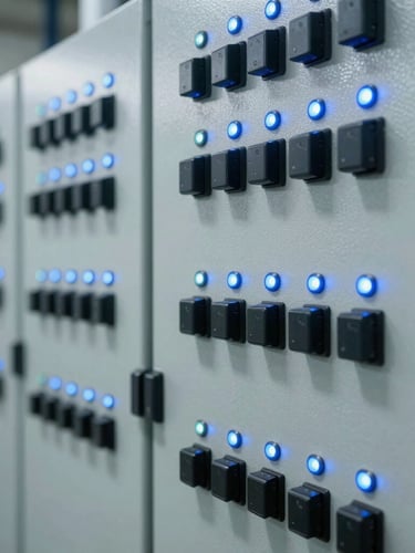 Sharp close-up of industrial automation control panel, clean wiring, cool blue indicator lights, daylight-balanced, 35mm lens