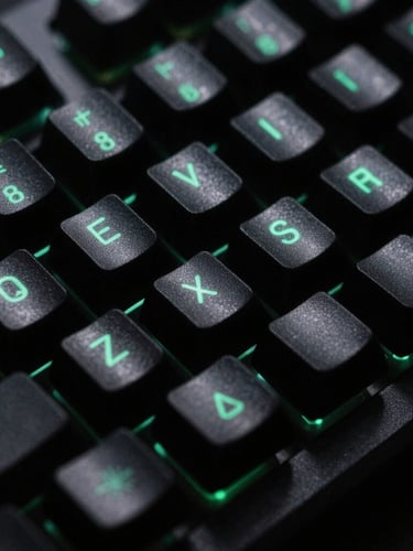 Moody macro shot of a mechanical keyboard with subtle neon green terminal glow, high contrast shadows, dark cybernetic tones, 35mm