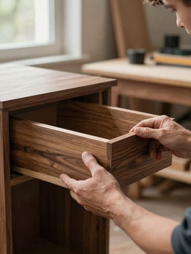Close-up of a craftsman's hands fitting a dovetail drawer box into a walnut cabinet frame during installation, natural side light from a nearby window, wood grain and joinery detail sharp in the foreground, blurred workshop background