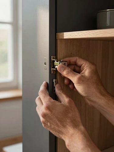 Close-up of a craftsman's hands fitting a cabinet door hinge in a finished kitchen, warm afternoon light from a nearby window illuminating the wood grain, shallow depth of field, charcoal cabinet frame in background