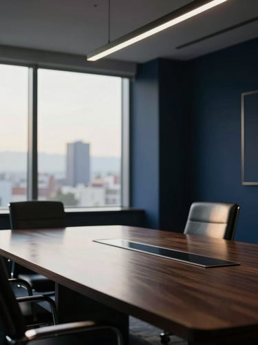 Dramatic editorial photography of a modern corporate boardroom in Guatemala City, soft window side-light, deep navy tones, shallow depth of field