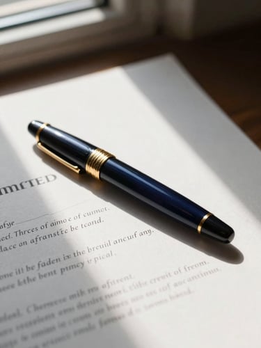 Dramatic editorial photography of a high-end fountain pen resting on a signed legal public deed, soft window side-light, gold ink accents, shallow depth of field.