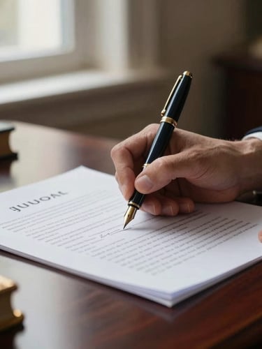Dramatic editorial close-up of a fountain pen signing a structured legal document on a dark mahogany desk, soft window side-light, shallow depth of field, gold accents.