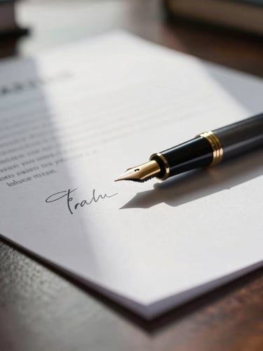 Close-up of signed legal documents with a gold-nibbed fountain pen on a dark wooden desk, dramatic side-lighting, shallow depth of field, corporate elegance