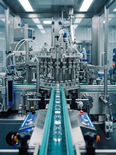 Macro architectural shot of sterile injectable filling lines under cool clinical lighting, teal highlights, 35mm
