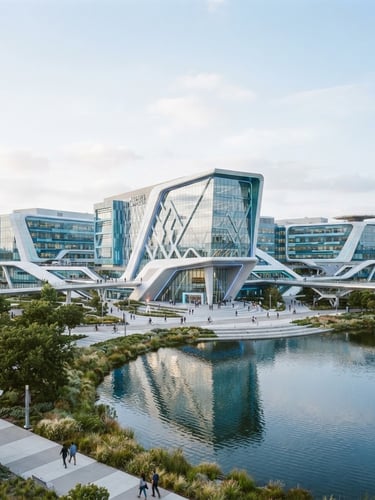 Wide architectural shot of a massive futuristic biotechnology campus headquarters, crisp high-key lighting, cool clinical blue and teal accents, 35mm photography.
