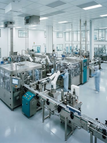 Wide architectural shot of an illuminated cleanroom with automated sterile injectable filling lines, cool clinical lighting, robotic precision, teal highlights, 35mm.