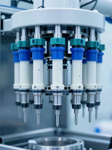 Extreme close-up of an automated robotic sterile injectable filling line in an illuminated cleanroom, cool blue lighting, precise mechanical details, 35mm.