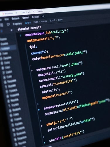 Sleek dark-mode technology photography, neon ambient glow, high-contrast macro screen details of a dark IDE with glowing code, sharp focus, 35mm