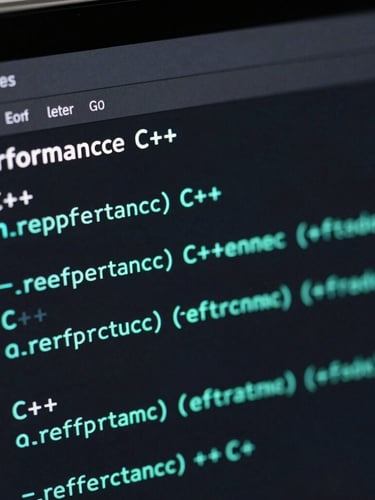 Extreme close-up macro shot of a dark-mode IDE showing clean high-performance C++ rendering code, neon cyan syntax highlighting, reflection on a glass screen, sleek technology photography