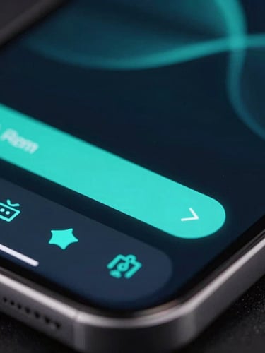 Sleek dark-mode technology photography, extreme close-up macro of a high-resolution mobile screen displaying fluid cyan UI animations, neon ambient glow, sharp focus, 35mm