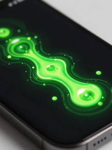 Macro close-up of a smartphone screen displaying a neon green fluid physics simulation, glowing particles, dark obsidian background, 35mm