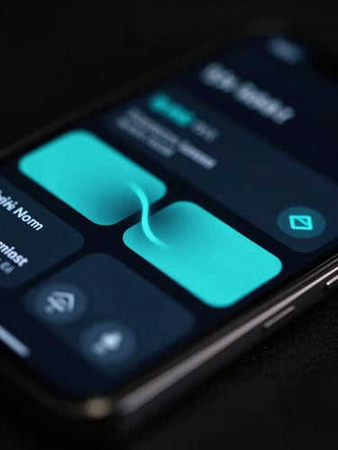 Sleek dark-mode technology photography, neon ambient glow, extreme macro shot of a mobile screen showing fluid cyan UI animations, sharp focus, 35mm