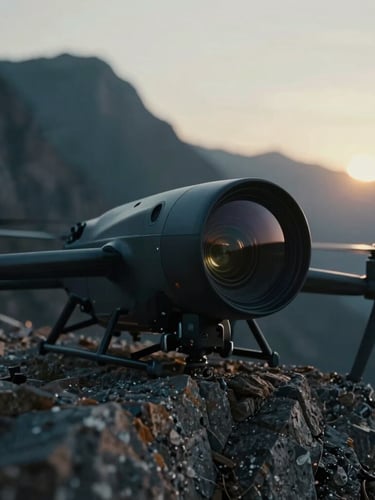 Close-up of a heavy-lift cinema drone resting on a rugged mountain ledge, large anamorphic lens visible, dramatic backlight, moody atmosphere