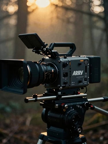 Anamorphic close-up of a high-end Arri Alexa camera rig on a dark, misty forest location, dramatic golden backlighting, high-contrast chiaroscuro, 35mm grain
