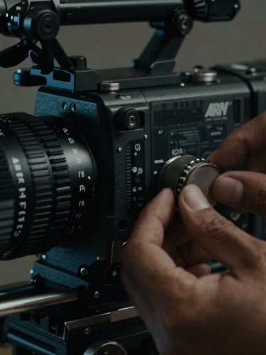 Extreme close-up of hands adjusting a follow-focus dial on a rigged Arri cinema camera, low-key chiaroscuro lighting, tactical aesthetic