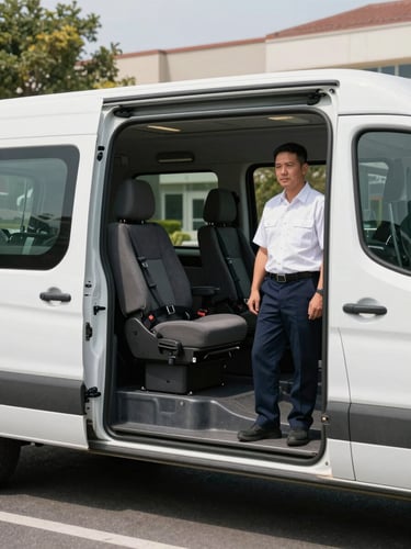Wide shot of a specialized accessible transport van, interior visible through open side door revealing safety restraints and clean cabin, a white male driver in uniform standing beside it in daylight, suburban institutional backdrop, competence-forward framing