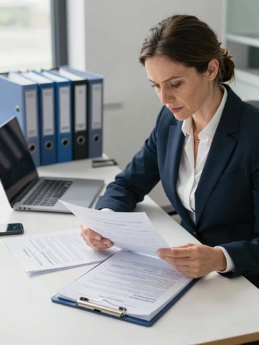 Wide environmental shot of a professional office setting, a white woman in her 40s reviewing credential documents at a clean desk under natural daylight, structured binders and a laptop in the background, medium depth of field conveying institutional competence