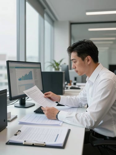 Wide-angle professional office environment, a white financial advisor reviewing structured documents at a clean desk with a monitor displaying charts, natural daylight through floor-to-ceiling windows to the left, documents and a planner spread across the desk, sharp and competent atmosphere
