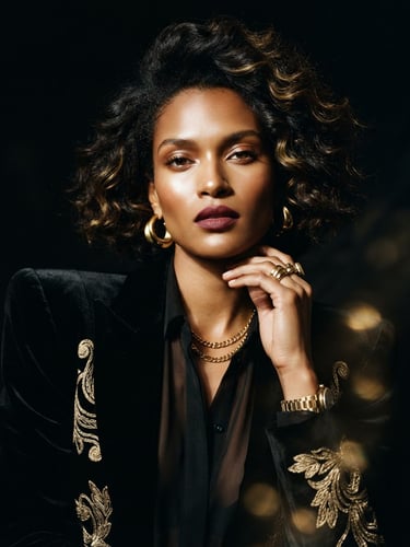 Medium close-up portrait of ESTRELLA, high-fashion editorial pose, high-contrast dramatic lighting, deep obsidian background with warm gold reflections, 35mm film.