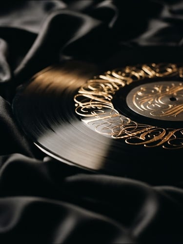 Close-up of a luxurious vinyl record with gold foil lettering, resting on a draped black silk fabric, cinematic studio lighting, warm gold reflections, 35mm film