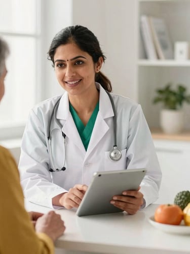 A professional Indian female nutritionist in a bright, modern clinical office guiding a middle-aged patient through a personalized nutrition plan on a tablet, warm natural light.