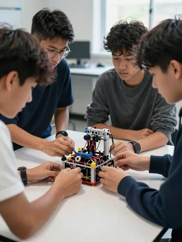 Medium shot of diverse students collaborating around a robotic chassis on a lab table, natural daylight streaming in, focused hands, 35mm