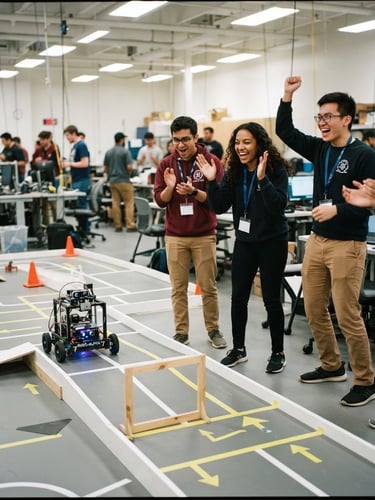Dynamic action shot of a student team cheering as their autonomous robot navigates an obstacle course on a competition track, bright laboratory lighting, 35mm